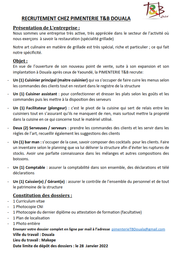 RECRUTEMENT CHEZ PIMENTERIE T&B DOUALA RECRUTEMENT CHEZ PIMENTERIE T&B DOUALA