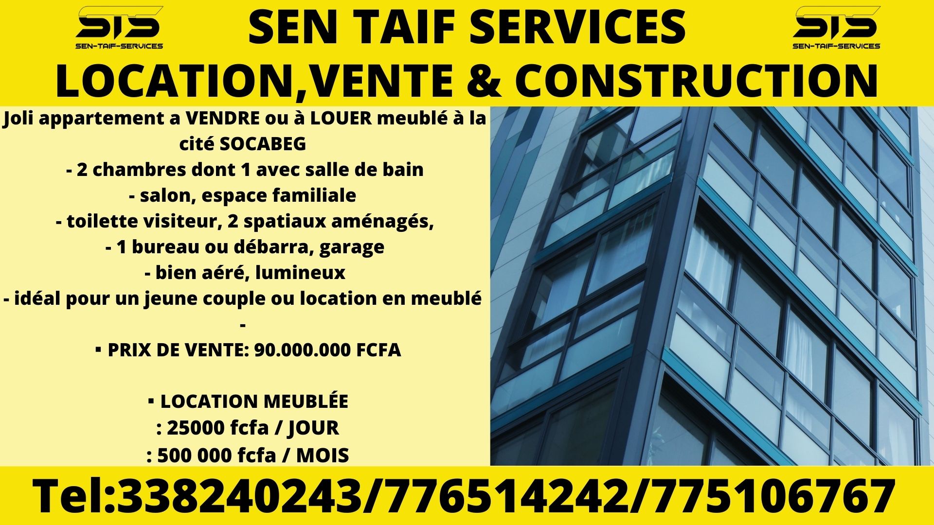 Joli appartement a VENDRE ou à LOUER meublé à la cité SOCABEG