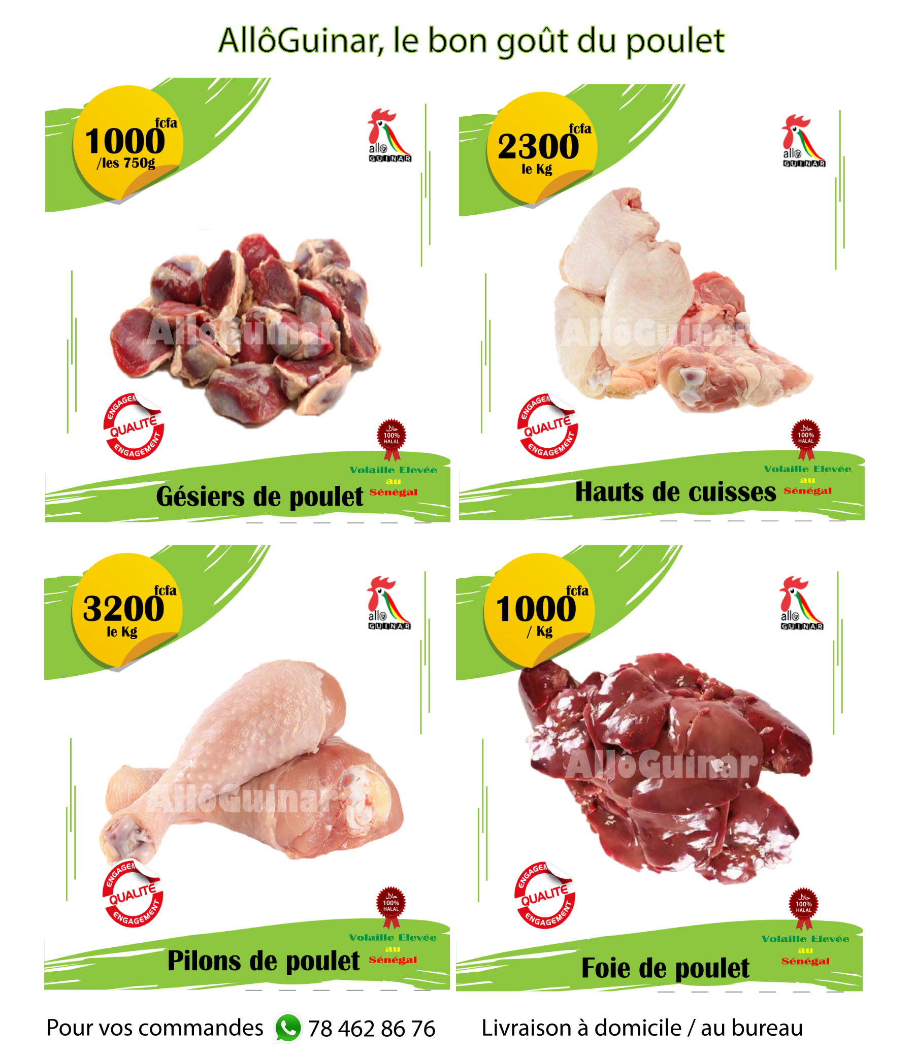Vente de poulet en découpe: cuisses, ailes, blancs, pilons, gésiers