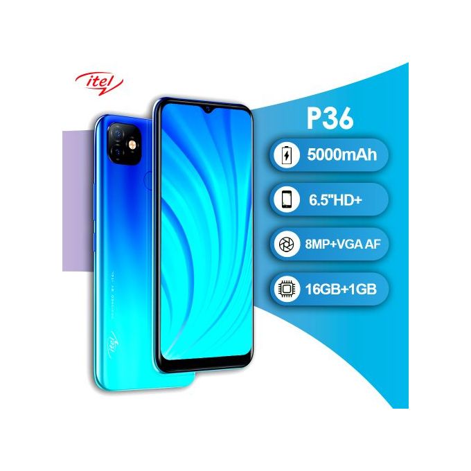 Itel P36 – Ecran 6.5’’ – 4G – Double SIM – ROM 16GB – RAM 1GB – Caméra 8/13MP – Batterie 5000mAh – Bleu