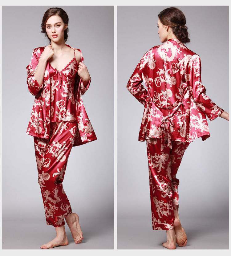 Vêtements De Nuit En Satin De Soie - Nuisette - Ensemble 3 Pièces - Rouge - L