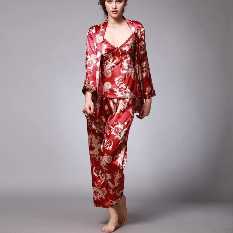 Vêtements De Nuit En Satin De Soie - Nuisette - Ensemble 3 Pièces - Rouge - L