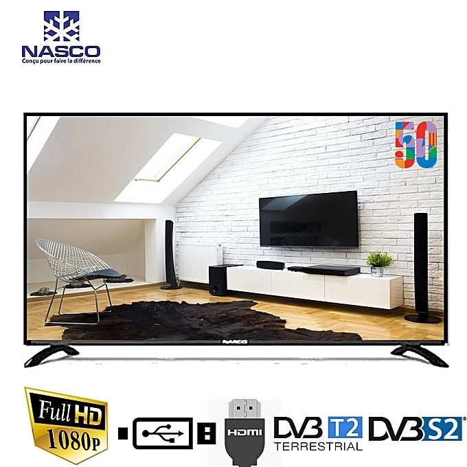 Nasco TV Led - 50 Pouces - Full Hd - Hdmi - Vga -Régulateur De Tension Et Décodeur Intégré - Noir - 12 Mois Garantie