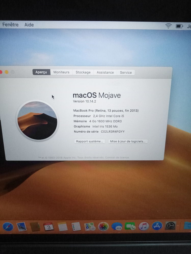 MacBook Pro (Retina, 13 pouces, fin 2013)
core i5 (2.4GGz) ..128Go ssd et 4 go de ram