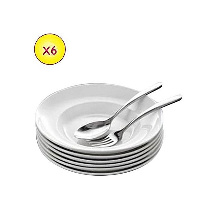 Lot De 6 Assiettes Creuses En Porcelaine + 6 Cuillères Et Fourchettes