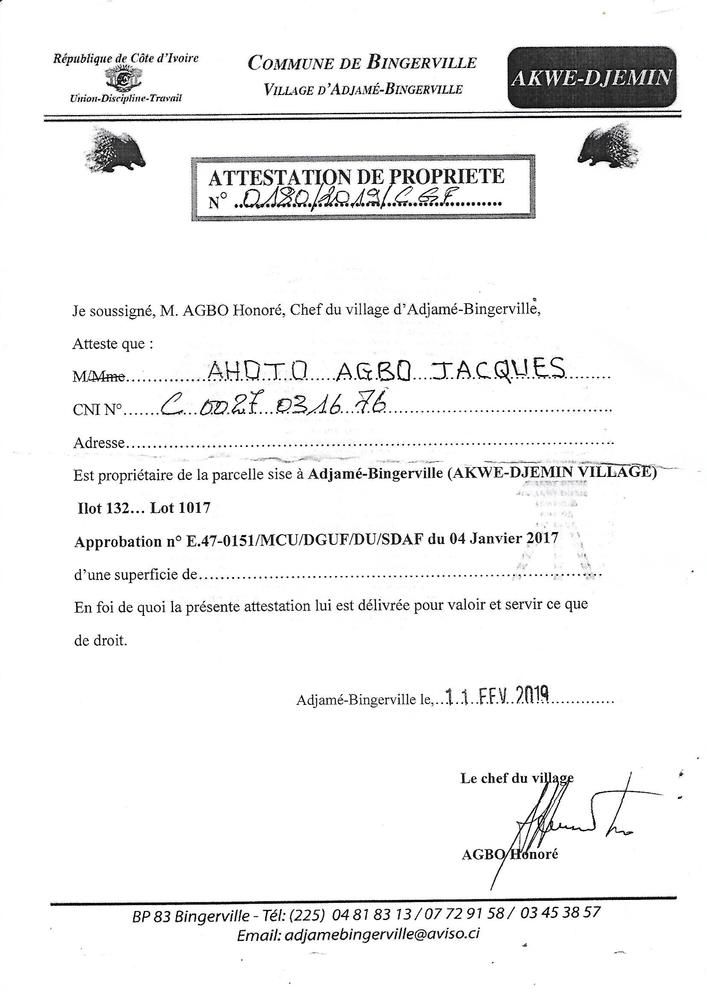 Lot à vendre à Adjamé-Bingerville (AKWE-DJEMIN VILLAGE)