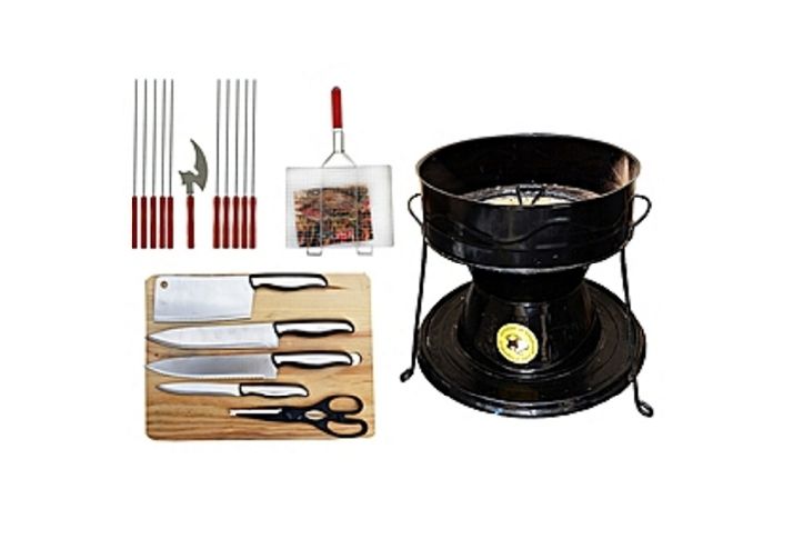 Pack fourneau Diambar - modèle moyen + set de couteaux + planche + grille barbecue + piques à brochettes