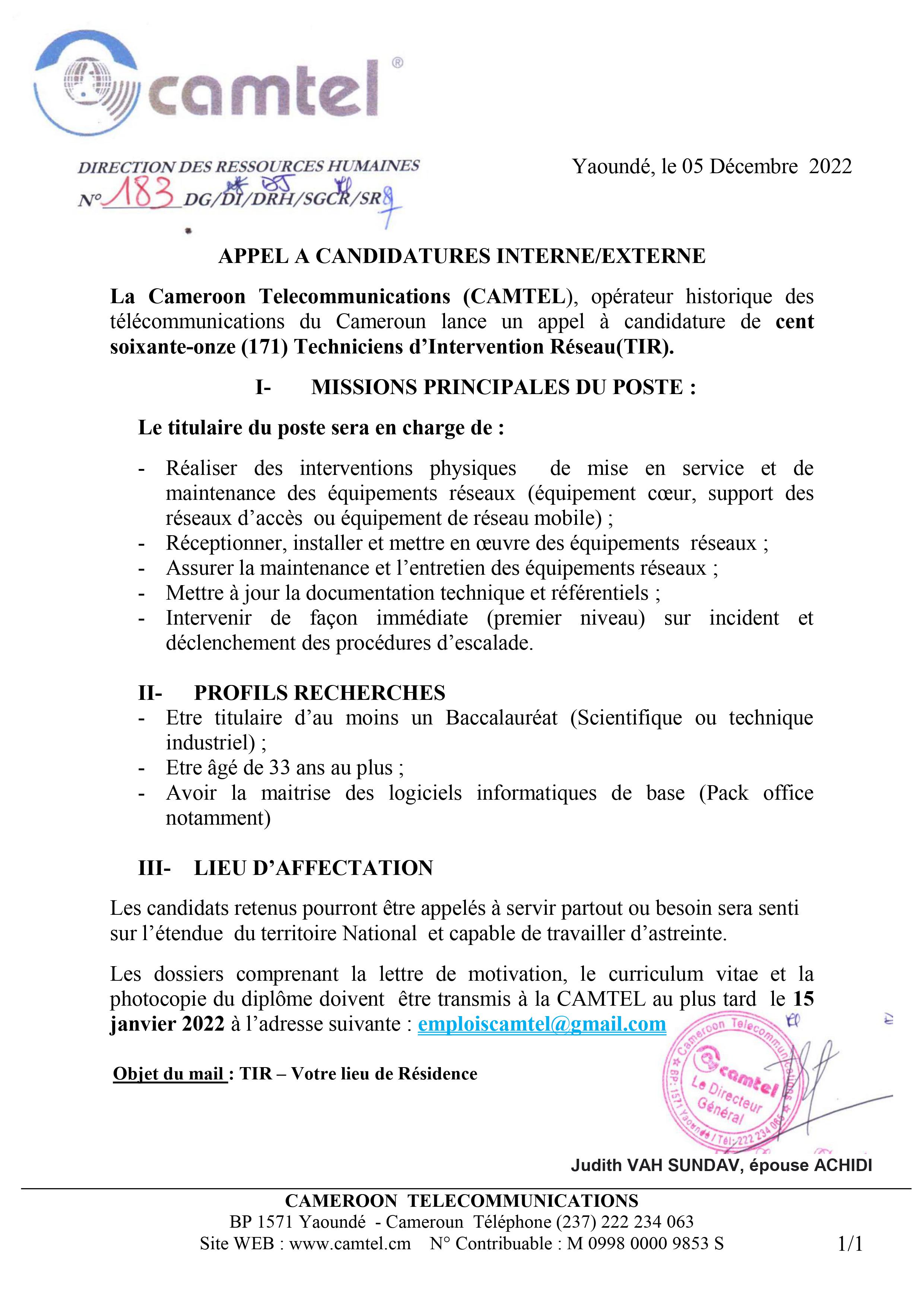 171 INFORMATICIENS A LA CAMTEL: OFFRE NATIONALE 171 INFORMATICIENS A LA CAMTEL: OFFRE NATIONALE