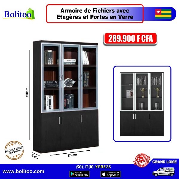 Armoire Fichiers avec Étagère et Portes en Verre