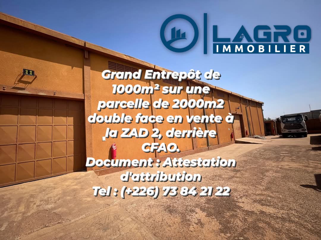 Grand Entrepôt de 1000m2 sur une parcelle de 2000m2 à la ZAD en vente