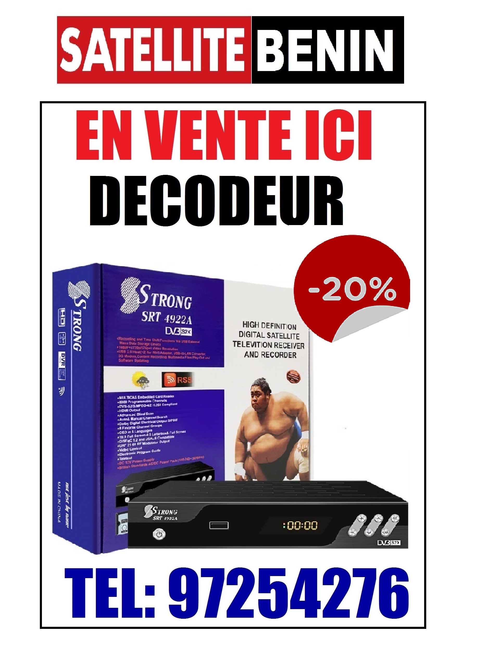 En vente ici des decodeurs STRONG avec installation : Tel /whatsapp : +229 97254276 En vente ici des decodeurs STRONG avec installation : Tel /whatsapp : +229 97254276