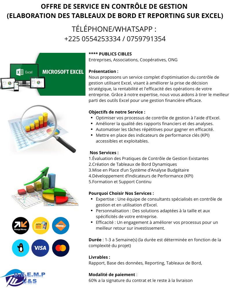 Offre de Service : « Contrôle de Gestion Optimisé avec Excel » Offre de Service : « Contrôle de Gestion Optimisé avec Excel »